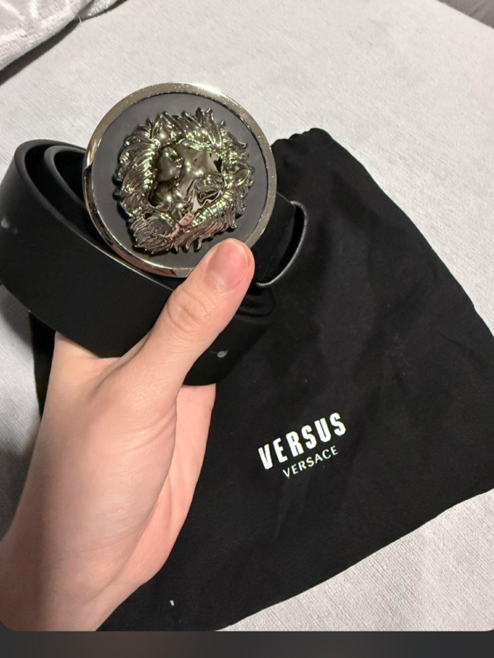Versus Versace Black Leather Belt with Gold Lion Buckle